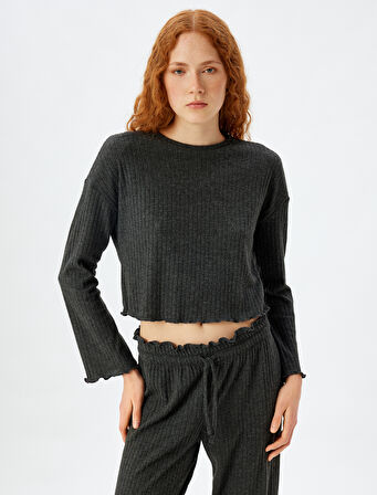 Örme Pijama Üstü Uzun Kollu Bisiklet Yaka Yumuşak Dokulu