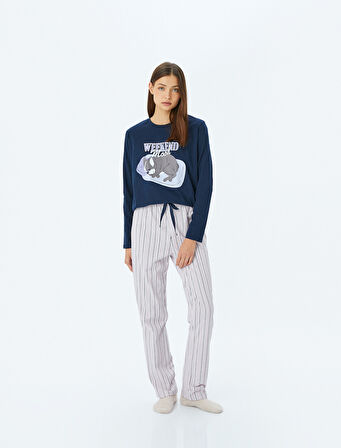 Köpek Grafik Baskılı Pamuklu Çizgili Pijama Takımı