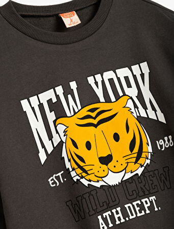 Sweatshirt Aslan Baskılı Uzun Kollu Bisiklet Yaka Pamuklu