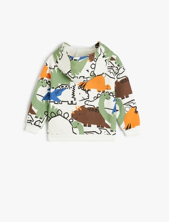 Kapşonlu Dinozorlu Sweatshirt Baskılı Uzun Kollu Şardonlu