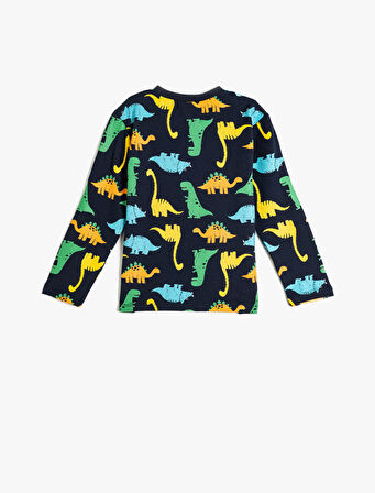 Uzun Kollu Tişört Dinozor Baskılı Bisiklet Yaka Pamuklu