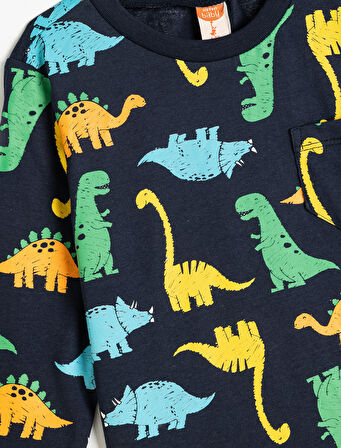 Uzun Kollu Tişört Dinozor Baskılı Bisiklet Yaka Pamuklu