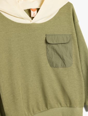 Sweatshirt Kapşonlu Yaka Renk Bloklu Tek Cep Detaylı Pamuklu