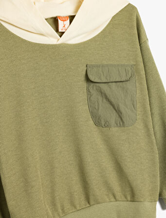 Sweatshirt Kapşonlu Yaka Renk Bloklu Tek Cep Detaylı Pamuklu