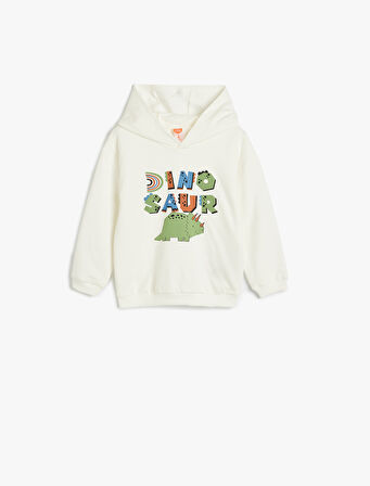 Kapşonlu Sweatshirt Uzun Kollu Bisiklet Yaka Dinozor Baskı Detaylı Pamuklu