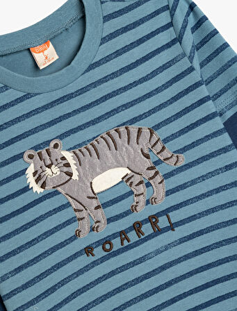 Tişört Uzun Kollu Kaplan İşlemeli Bisiklet Yaka Pamuklu