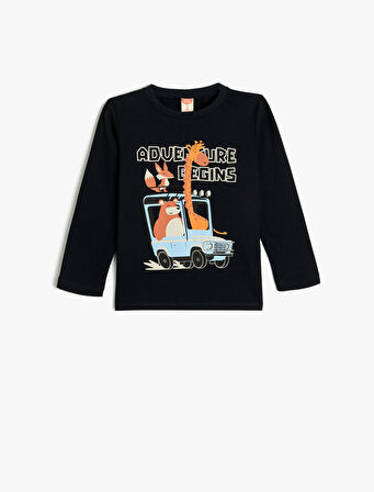 Tişört Uzun Kollu Bisiklet Yaka Hayvanlar Baskılı Pamuklu