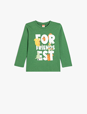 Tişört Uzun Kollu Bisiklet Yaka Baskılı Pamuklu 