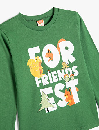 Tişört Uzun Kollu Bisiklet Yaka Baskılı Pamuklu 