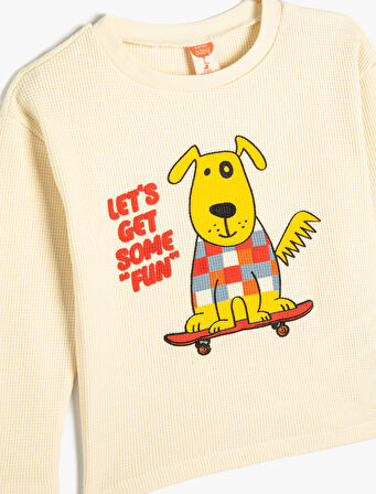 Tişört Uzun Kollu Bisiklet Yaka Köpek Baskılı Pamuklu