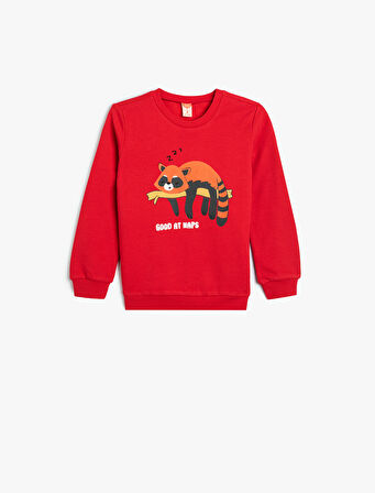 Sweatshirt Hayvan Baskılı Bisiklet Yaka Pamuklu 