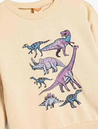 Dinozorlu Sweatshirt Uzun Kollu Bisiklet Yaka Pamuklu