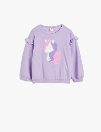 Sweatshirt Unicorn Aplikeli Fırfır Detaylı Pamuklu Şardonlu