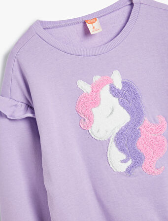 Sweatshirt Unicorn Aplikeli Fırfır Detaylı Pamuklu Şardonlu
