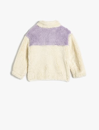Peluş Sweatshirt Dik Yaka Uzun Kollu Yarım Fermuarlı
