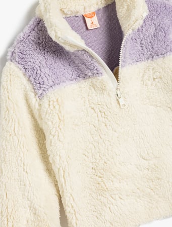 Peluş Sweatshirt Dik Yaka Uzun Kollu Yarım Fermuarlı