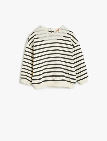 Çizgili Sweatshirt Tül Yaka Detaylı Uzun Kollu Şardonlu Pamuklz