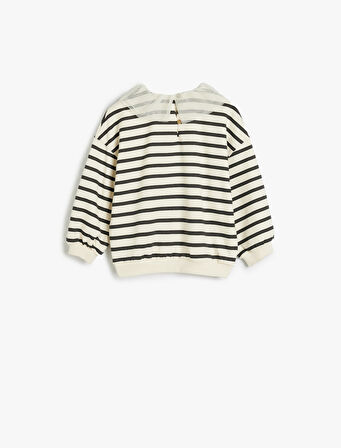 Çizgili Sweatshirt Tül Yaka Detaylı Uzun Kollu Şardonlu Pamuklz