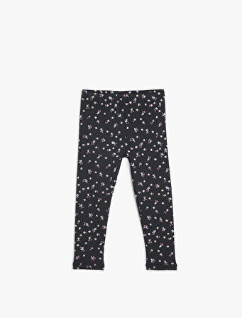 Çiçekli Tayt Beli Lastikli Pamuklu Ribanalı 