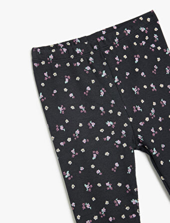 Çiçekli Tayt Beli Lastikli Pamuklu Ribanalı 