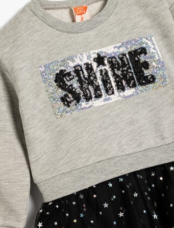 Sweat Elbise Tütü Etek Detaylı Yuvarlak Yaka Uzun Kollu Baskılı Pamuklu