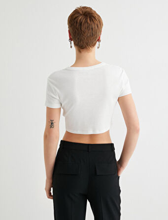 Slim Fit Crop Tişört Baskılı Kısa Kollu Bisiklet Yaka Pamuklu