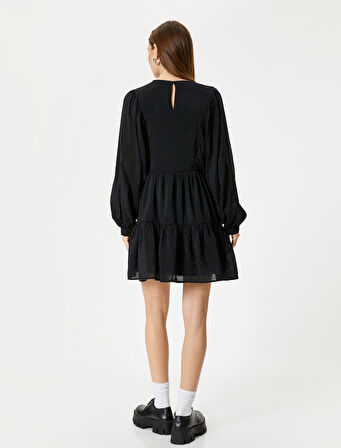 Balon Kol Mini Elbise Uzun Kollu Yuvarlak Yaka Astarlı Katlı