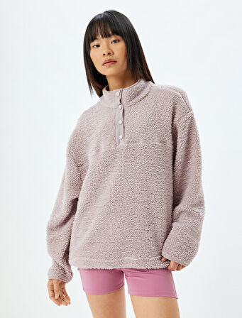 Peluş Sweatshirt Kalın Çıtçıt Düğme Detaylı Dik Yaka Düşük Omuzlu