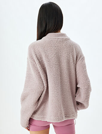 Peluş Sweatshirt Kalın Çıtçıt Düğme Detaylı Dik Yaka Düşük Omuzlu