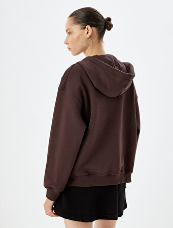 Fermuarlı Kapşonlu Baskılı Şardonlu Sweatshirt