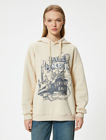 Oversize Kapüşonlu Sweatshirt Slogan Baskılı Uzun Kollu