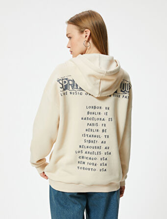 Oversize Kapüşonlu Sweatshirt Slogan Baskılı Uzun Kollu