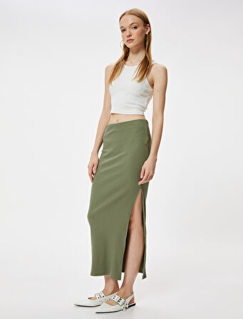 Midi Etek Yırtmaç Detaylı Yüksek Bel A Kesim