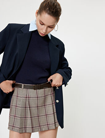 Pileli Şort Etek Mini Ekoseli Kemerli Slim Fit