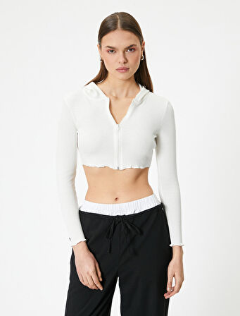 Crop Kapüşonlu Fermuarlı Hırka Uzun Kollu Slim Fit