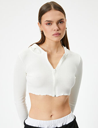 Crop Kapüşonlu Fermuarlı Hırka Uzun Kollu Slim Fit