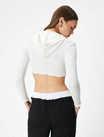 Crop Kapüşonlu Fermuarlı Hırka Uzun Kollu Slim Fit