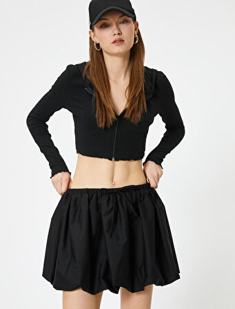 Crop Kapüşonlu Fermuarlı Hırka Uzun Kollu Slim Fit