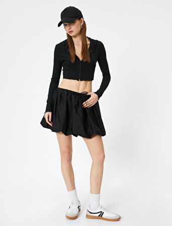 Crop Kapüşonlu Fermuarlı Hırka Uzun Kollu Slim Fit