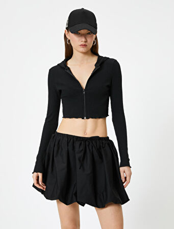 Crop Kapüşonlu Fermuarlı Hırka Uzun Kollu Slim Fit