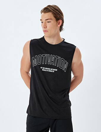 Spor Atlet Slogan Baskılı Bisiklet Yaka Kolsuz