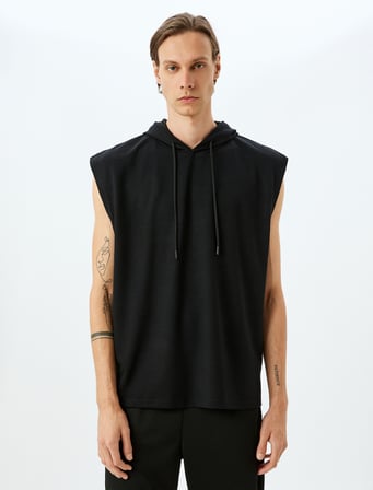 Oversize Kapşonlu Modal Karışımlı Kalın Kumaşlı Kolsuz Spor Sweatshirt