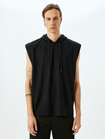 Oversize Kapşonlu Modal Karışımlı Kalın Kumaşlı Kolsuz Spor Sweatshirt
