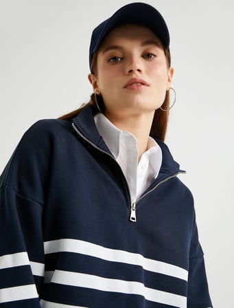 Dik Yaka Sweatshirt Oversize Yarım Fermuarlı