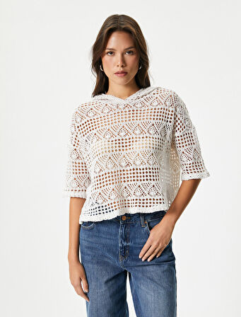 Crop Ajurlu Sweatshirt Kapüşonlu Kısa Kollu