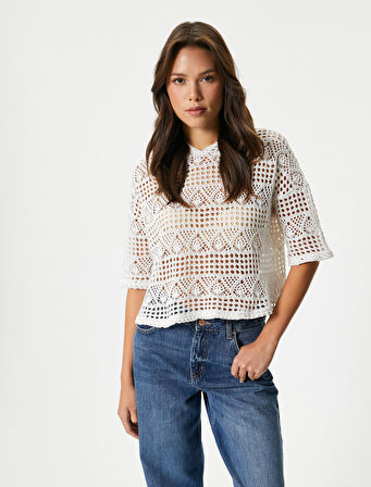 Crop Ajurlu Sweatshirt Kapüşonlu Kısa Kollu