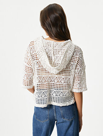 Crop Ajurlu Sweatshirt Kapüşonlu Kısa Kollu