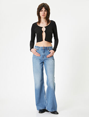 Crop Hırka Bisiklet Yaka Metal Aksesuarlı