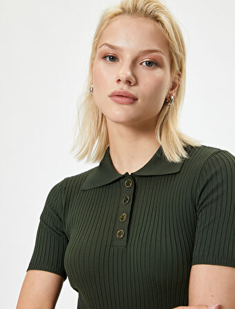 Polo Yaka Kazak Kısa Kollu Düğme Detaylı Kaşkorse Slim Fit