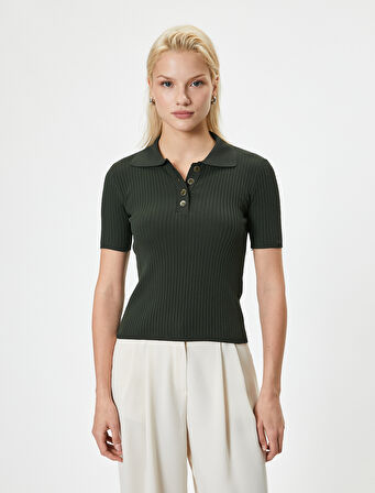 Polo Yaka Kazak Kısa Kollu Düğme Detaylı Kaşkorse Slim Fit